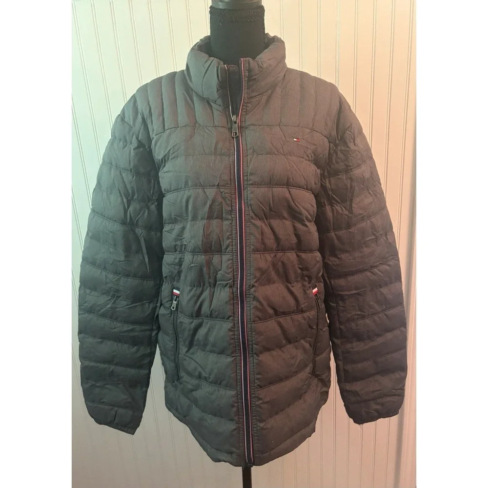 Tommy Hilfiger Mens M Packable Puffer Jacket Charcoal Gray Quilted Full Zip
